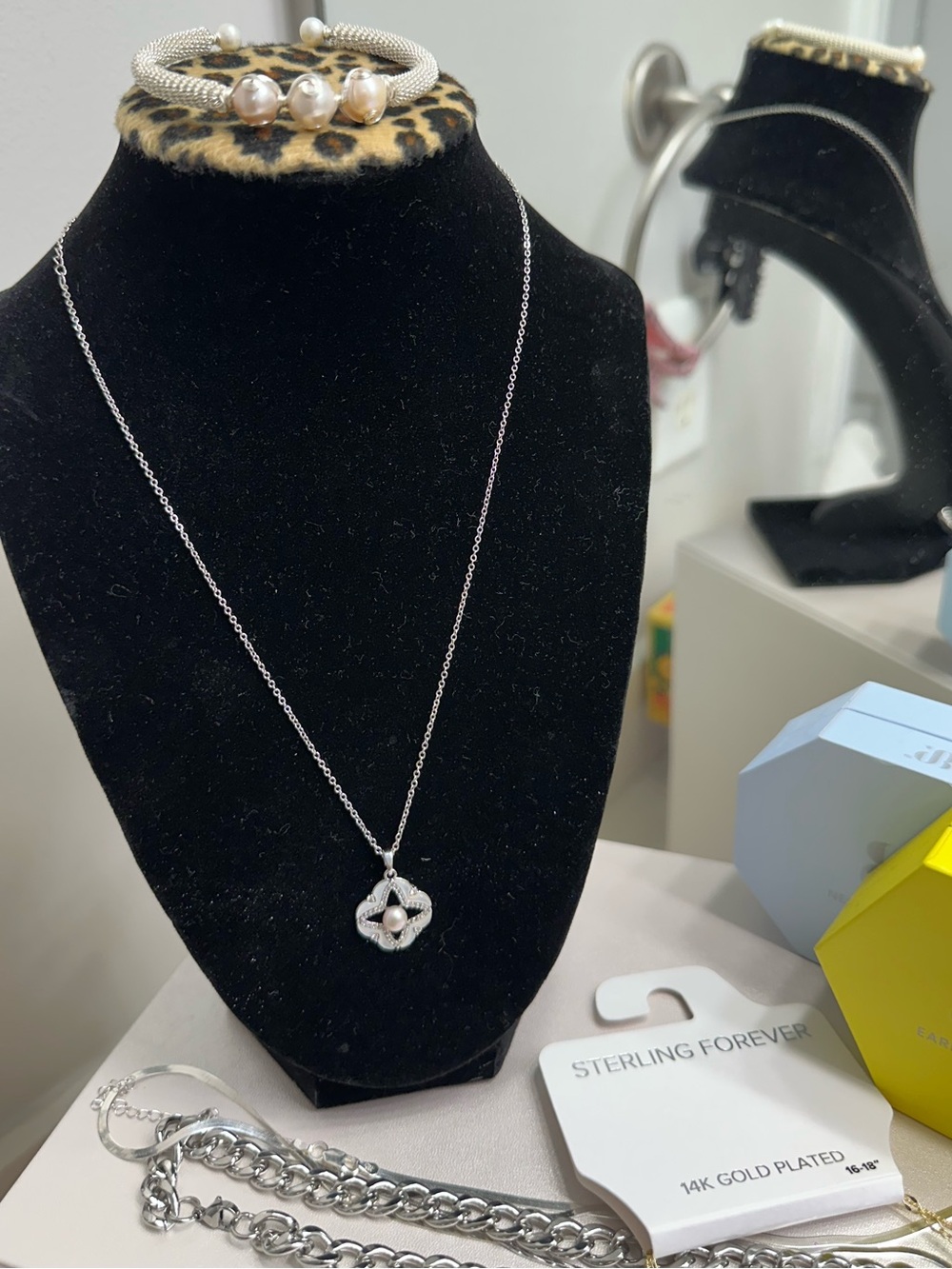 Silver Floral Pearl Pendant Necklace and three pearl bracelet